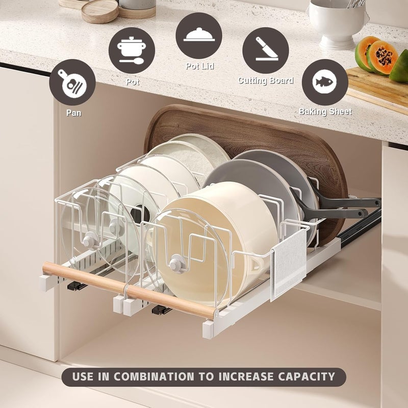 Magheo 2 Pack Pull Out Pots and Pans Organizer Under Cabinet, 22" Deep Expandable Pot Lid Organizer and Storage with 10 Adjustable Dividers Adhesive Pot and Pan Holder Rack with Handle Bracket(White) - Image 2